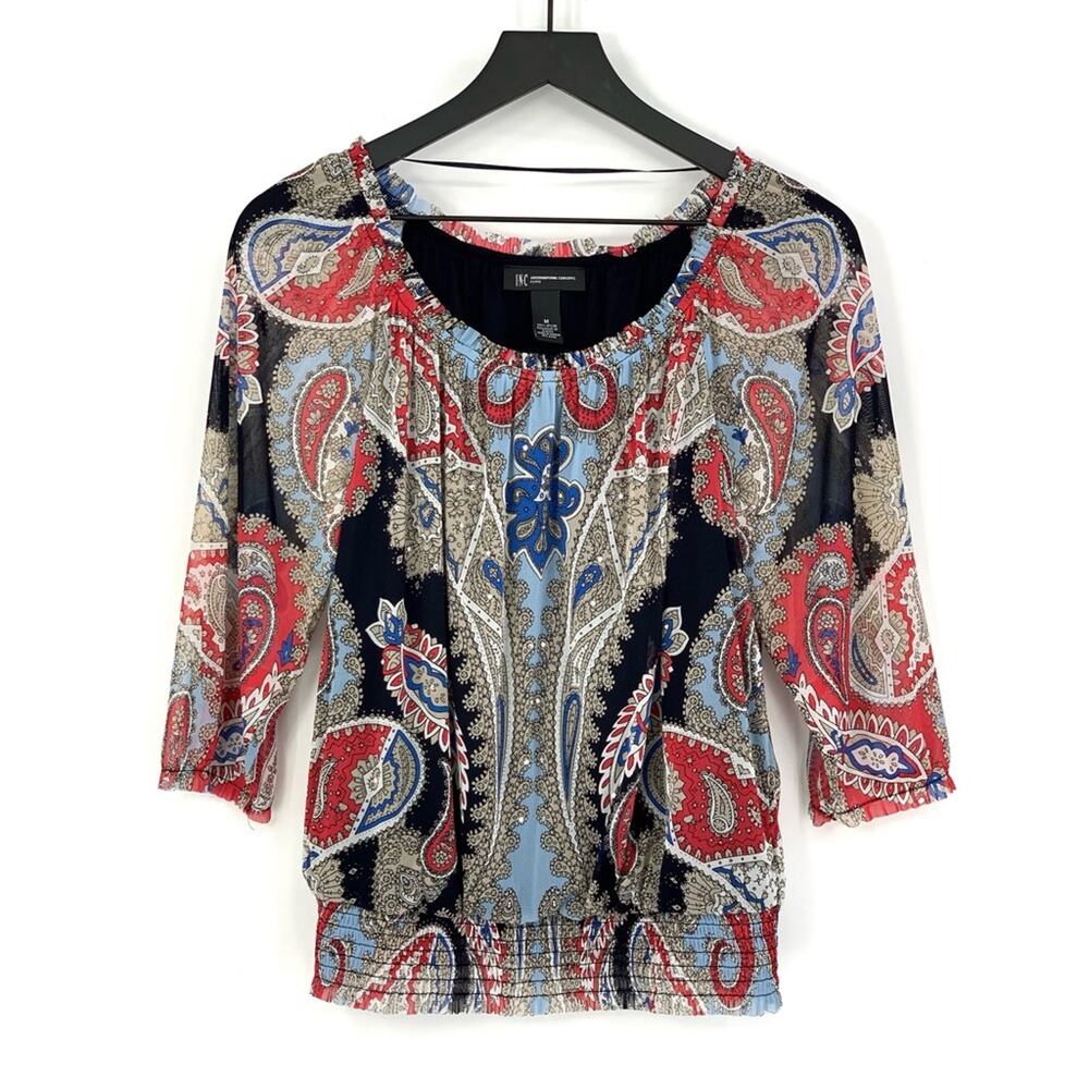 INC International Concepts 3/4 Sleeve Paisley Blouse Red Blue Black Tan M